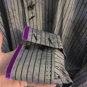 Bertigo Velvet Trim Pinstripe Floral Dress Shirt